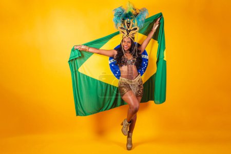 Horizontal photo, full body, Black Brazilian woman in carnival clothes. with brazil flag.