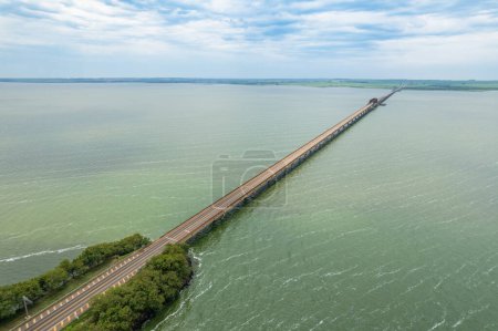 Photo for Aerial capture of Tiet River. Intermodal waterway port. - Royalty Free Image