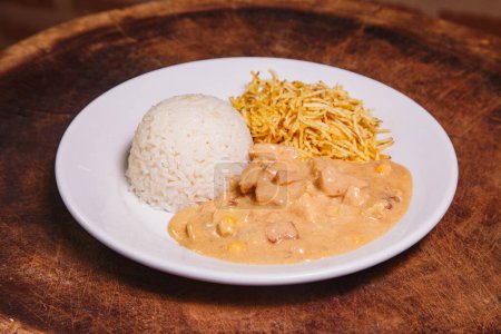 Photo for Food dish with chicken stroganoff and rice and chips - Royalty Free Image