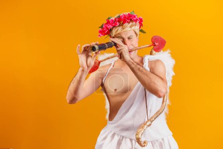 Photo for Cupid looking for valentine couple with spyglass. Cupid looking for suitor using spyglass - Royalty Free Image