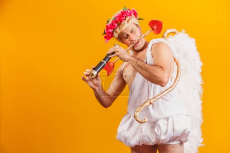 Photo for Cupid looking for valentine couple with spyglass. Cupid looking for suitor using spyglass - Royalty Free Image