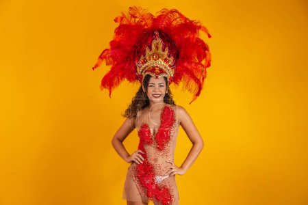 Photo for Brazilian afro woman posing in samba costume over yellow background with free space. Brazilian dressed Samba costume. - Royalty Free Image