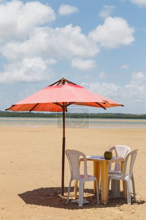 Foto de Foto de sillas y paraguas con un estanque en el fondo. Playa, vacaciones y verano. Vertical - Imagen libre de derechos