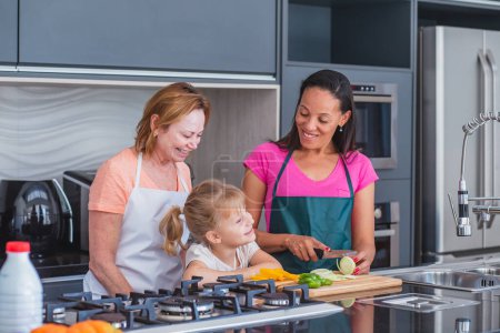 Téléchargez les photos : Bonne cuisine familiale LGBT. Des mères heureuses et leur fille ensemble - en image libre de droit