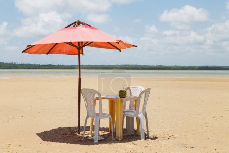 Téléchargez les photos : Photo de chaises longues et parasol avec un étang en arrière-plan. Plage, vacances et été - en image libre de droit