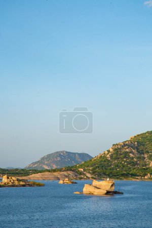 Photo for Nature photo. Beautiful river with trees and mountains. Vertical - Royalty Free Image
