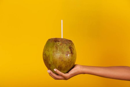 Photo for Female hand holding a coconut on yellow background. - Royalty Free Image