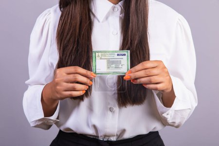 Photo for Brazilian woman holding identity card. Translation in English (national identity card) - Royalty Free Image