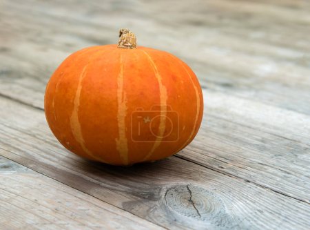 Photo for Pumpkin (Red kuri squash; Hokkaido) on a wooden old unpainted table - Royalty Free Image