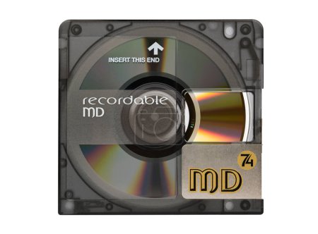 Beschreibbare Minidisc mit offener Schutzhülle und Regenbogenreflexion von der Scheibenoberfläche isoliert auf weißem Hintergrund