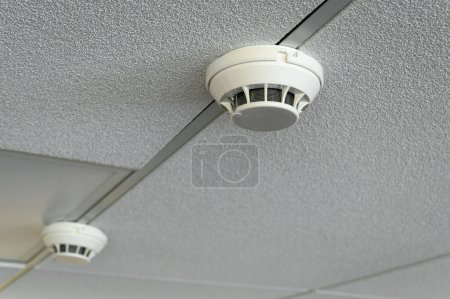 Téléchargez les photos : Capteurs d'alarme incendie sur plafond suspendu - en image libre de droit