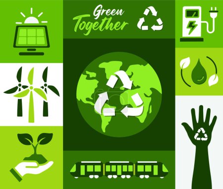 Passons au vert ensemble, concept d'ensemble d'icône de l'écologie. sauver monde vectoriel illustration affiche