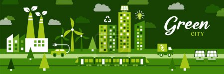 Sustainable green eco city on the earth planet in flat design vector illustration.