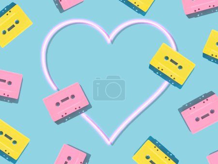 Foto de Patrón de cintas de audio retro rosa y amarillo con corazón de neón rosa sobre fondo azul. Concepto creativo de la tecnología retro. La estética de los 80. Idea de cinta de audio vintage. Nostalgia retro. - Imagen libre de derechos