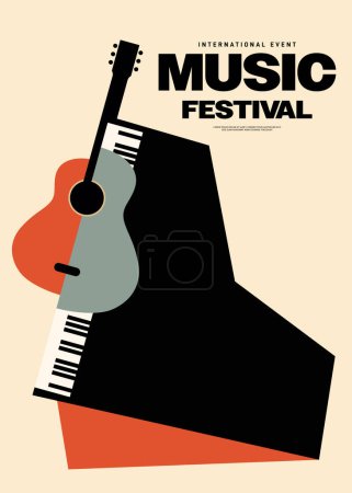 Illustration for Music festival poster template design background with piano and guitar vintage retro style. Design element can be used for backdrop, banner, brochure, leaflet, flyer, print, vector illustration - Royalty Free Image