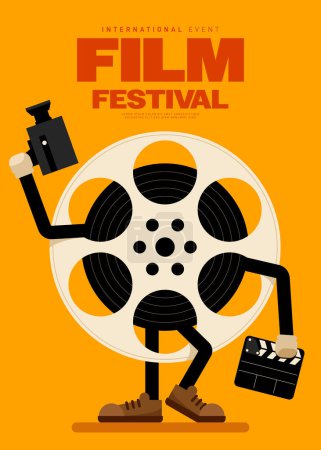 Movie and film festival poster template design background with film reel and camera. Design element can be used for backdrop, banner, brochure, leaflet, flyer, print, publication, vector illustration