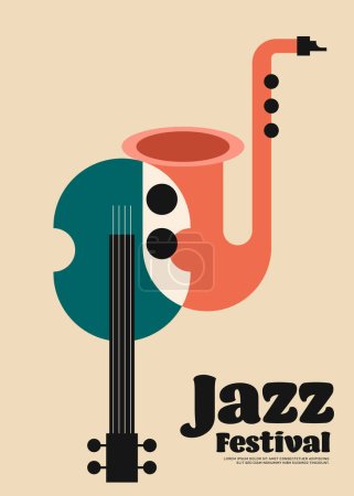 Téléchargez les illustrations : Jazz musique festival affiche modèle design fond moderne vintage style rétro. Élément de conception peut être utilisé pour toile de fond, bannière, brochure, dépliant, flyer, impression, illustration vectorielle - en licence libre de droit
