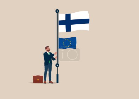 Téléchargez les illustrations : Homme d'affaires en costume, homme arborant les drapeaux de la Finlande et de l'Union européenne. Illustration vectorielle. - en licence libre de droit