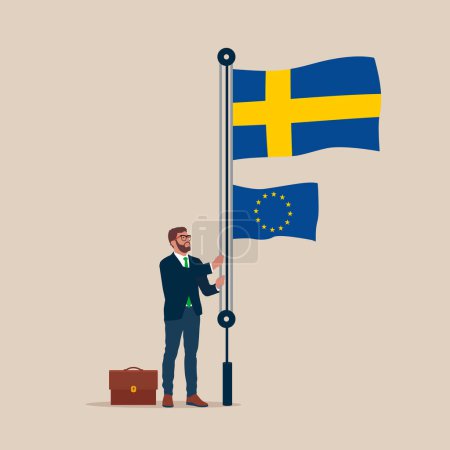 Illustration for Businessman in suit, male raising waving flags of Sweden and European Union. Vector illustration. - Royalty Free Image