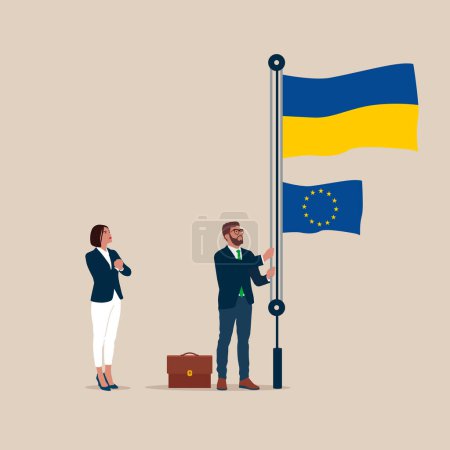 Illustration for Businessman and woman in suits, male raising waving flags of Ukraine and European Union. Vector illustration. - Royalty Free Image