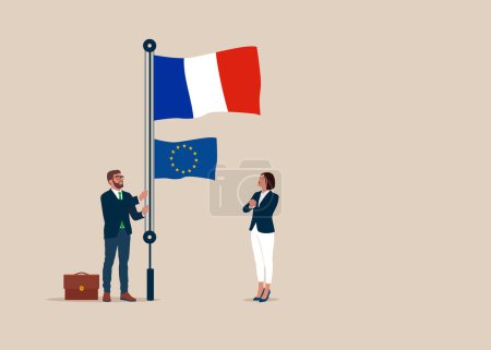 Illustration for Businessman and woman in suits, male raising waving flags of France and European Union. Vector illustration. - Royalty Free Image