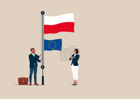 Illustration for Businessman and woman in suits, male raising waving flags of Poland and European Union. Vector illustration. - Royalty Free Image
