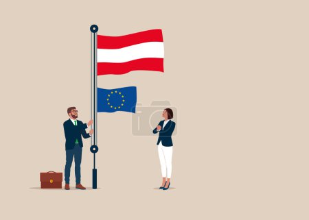 Illustration for Businessman and woman in suits, male raising waving flags of Austria and European Union. Vector illustration. - Royalty Free Image