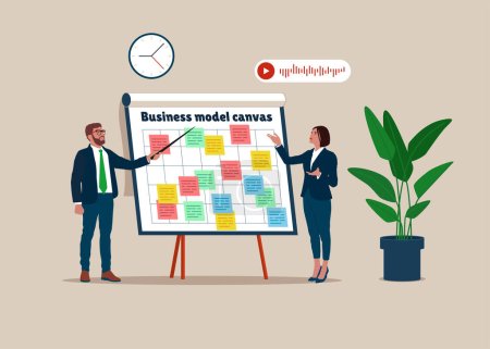Businessman and partner present business model on whiteboard. Brainstorm for business idea or plan to achieve goal, management strategy. Flat modern vector illustration.