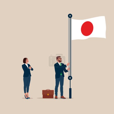 Illustration for Businessman and woman in suits, male raising waving flags of Japan. Vector illustration. - Royalty Free Image