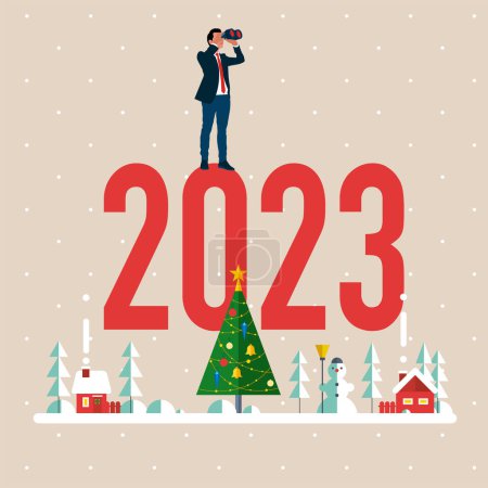 Ilustración de Perspectivas para el año 2023, nuevo reto por delante, visión para tomar decisiones, planes y perspectivas. Hombre de negocios mira a través de los prismáticos en el año 2023. Ilustración plana vector moderno. - Imagen libre de derechos