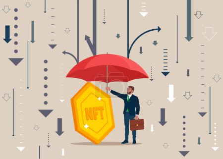 Illustration for Money NFT token coin under umbrella. Business income protection. Flat modern vector illustration - Royalty Free Image