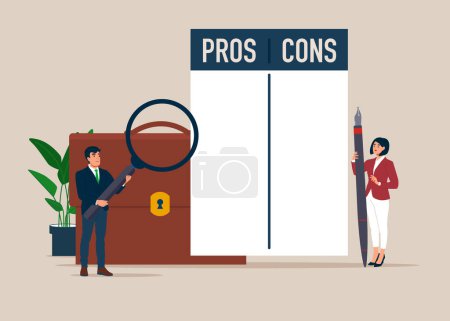  Businessman and businesswoman with list pros and cons. Business advantages and disadvantages. Flat modern vector illustration    
