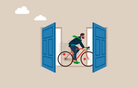  Employee with Bicycle resign and walk through exit door. Great resignation, employee resign, quit or leaving company, people management or human resources problem concept