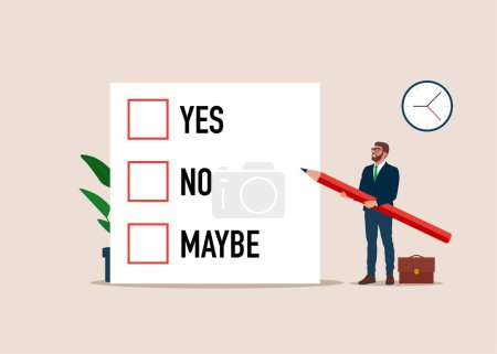  Businessman holding pencil choosing a right answer. Decision making in business or political. Flat modern vector illustration