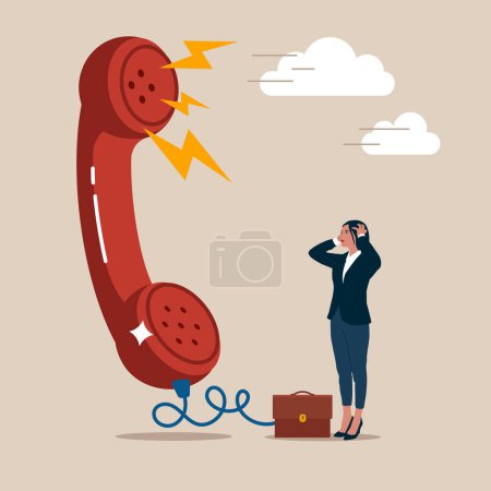 Téléchargez les illustrations : Vector illustration of frustrated businesswoman and telephone - en licence libre de droit