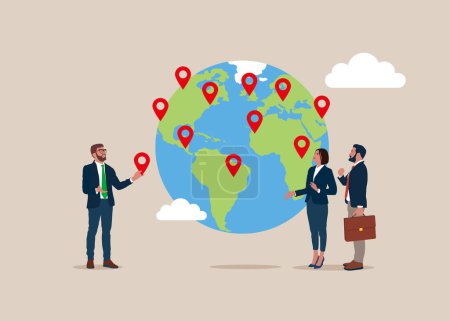 business people with world map and location pins vector illustration design