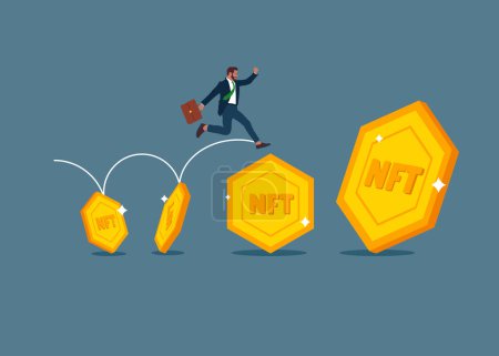 Illustration for Businessman running on gold NFT Token arranged in a row. Extensive financial or economic growth. Profit from the stock market or investment. Flat vector illustration. - Royalty Free Image