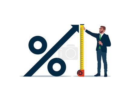 Illustration for Businessman using tape measure to measure the height of the percentage symbol. Growth in investment. Flat vector illustration. - Royalty Free Image