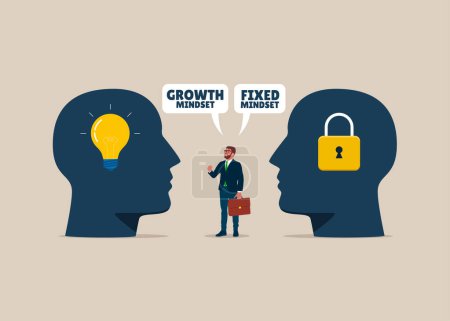  Businessman stood in the middle of two thoughts. Comparison between fixed mindset vs growth mindset. Modern flat vector illustration.