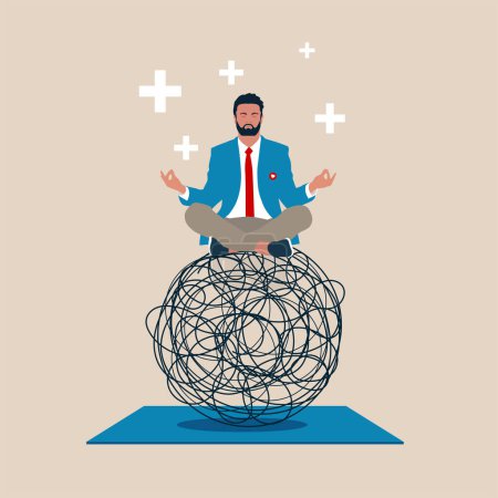 Illustration for Businessman in lotus meditation on chaos mess line with positive energy. Stress management, meditation. Flat vector illustration. - Royalty Free Image