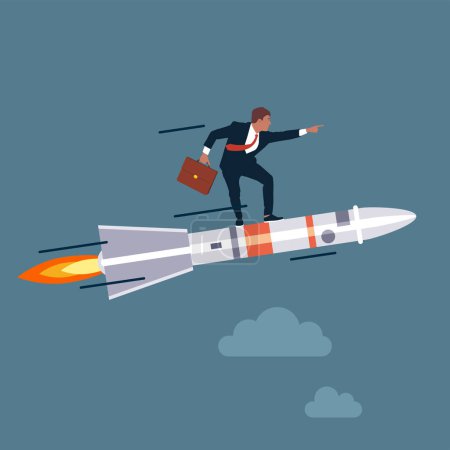 Téléchargez les illustrations : Homme d'affaires prospère volant sur la fusée pour les opportunités commerciales. Illustration vectorielle du concept d'entreprise. - en licence libre de droit