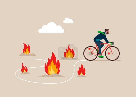 Téléchargez les illustrations : Homme d'affaires avec vélo passer beaucoup de feu pour atteindre le succès commercial. Éviter les écueils, l'adversité et le courage de contourner passer erreur ou échec commercial. Illustration vectorielle plate - en licence libre de droit