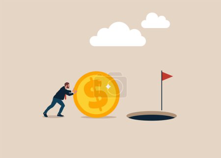 Illustration for Businessman playing golf. Business goal and objective achievement. Symbol of success, motivation, hard work. Vector illustration concept. - Royalty Free Image