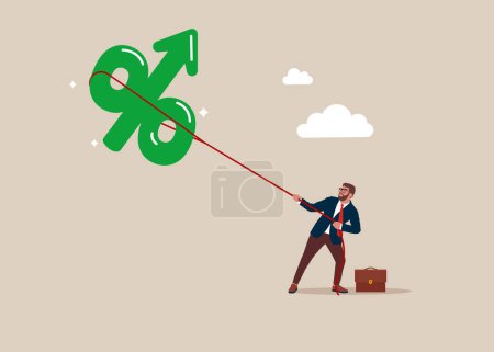 Illustration for Consumer struggles with inflated interest rate balloon. Rising interest rates stock. Flat vector illustration. - Royalty Free Image
