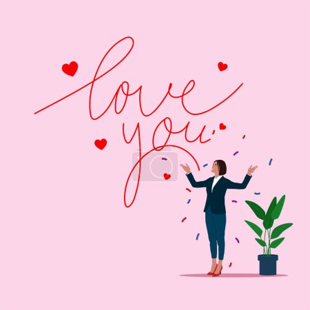 Illustration for Happy girlfriend rejoices near word i love you. Cute outline word i love you on pink background for valentine, wedding, vintage decoration. Flat vector illustration. - Royalty Free Image