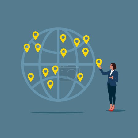 businesswoman with earth globe map and location pins, vector illustration  