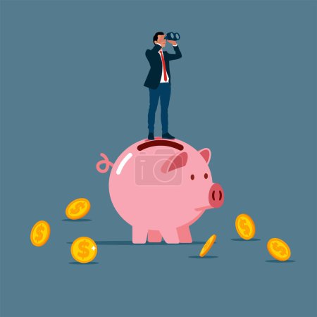 businessman with binoculars standing on piggy bank vector illustration