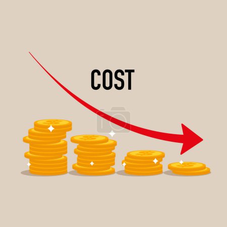  Coin stacks with descending curve or arrow. Costs reduction, costs cut, costs optimization business. Modern vector illustration in flat style.