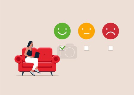 Illustration for Woman choosing face emoticon on the laptop. Customer service evaluation. Modern vector illustration in flat style - Royalty Free Image