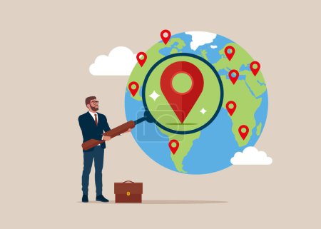 businessman holding magnifying glass and looking at globe with location pins. vector illustration.
